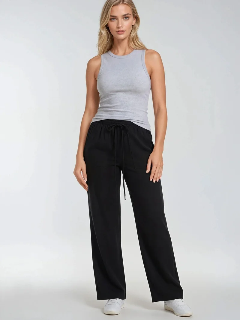 MixRay Black MIXRAY Mid Waist Straight Leg Cotton Pants with Tie Closure for Women | Best Price UAE